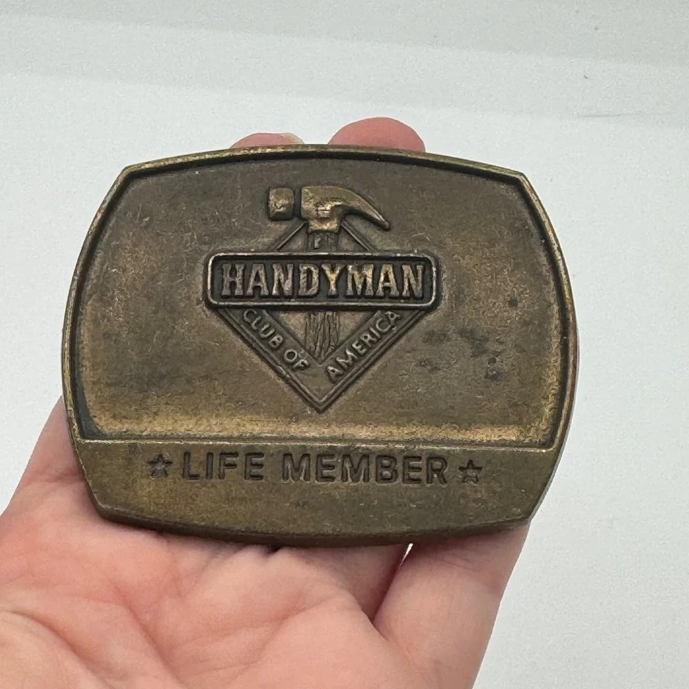 Vintage 1996 Handyman Club of America Life Member Belt Buckle Brass Tone Hammer